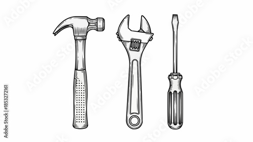A hand-drawn illustration featuring a hammer, adjustable wrench, and screwdriver. Tools for construction are neatly displayed, ready for any project