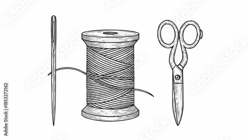A needle, thread, and scissors, essential tools for sewing and crafting.