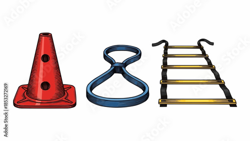 Illustration of various sports training equipment, cone, resistance band and agility ladder 