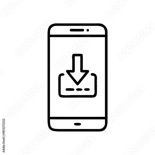 Mobile smartphone with download icon in minimalist line art style  