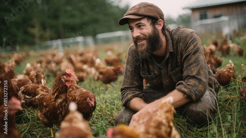 A farmer is smiling and kneeling in a field surrounded by free range chickens. Rain falls softly as the chickens roam freely around him. The setting shows a vibrant farm atmosphere.