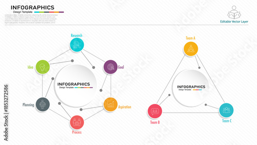 Business infographic template with 6 steps process and 3 teams triangle diagram for workflow data visualization.