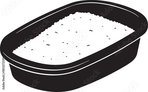 Illustration of a rectangular pet litter box with granular cat litter, presented as a clean and simple black and white graphic design element
