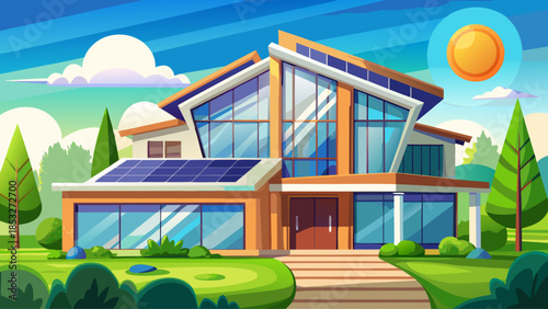 Very beautiful modern eco friendly house featuring clean architectural lines and rooftop solar panels, representing sustainable living, renewable energy, and contemporary residential design.