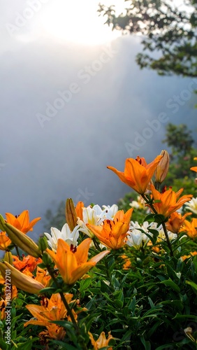 Blossoming lilies in a misty mountain garden
