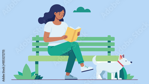 Woman reading a book with her dog on a park bench enjoying a peaceful outdoor moment flat illustration for lifestyle and leisure concepts