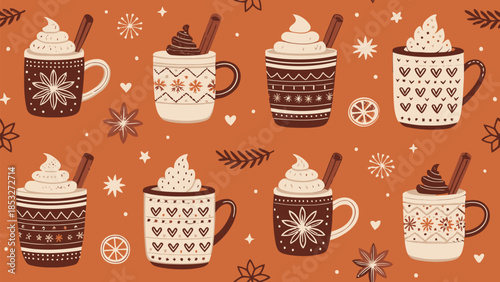Cozy winter hot chocolate mugs with festive patterns cinnamon sticks and whipped cream perfect for holiday season design and warm beverage concepts
