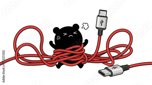 Frustrated cartoon bear entangled in vibrant red usb cable, connector chaos