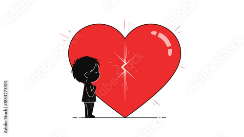 Silhouette figure gazes at shattered red heart with visible cracks, standing