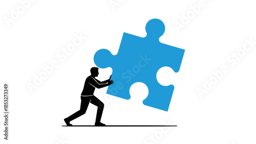Figure pushing a giant blue puzzle piece up a slope, solving a challenge