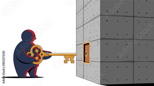 Animated character opens weathered steel door with large vintage key, illustration