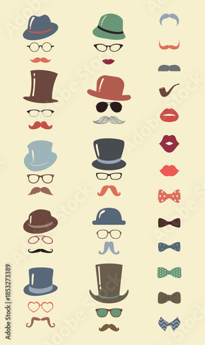 Flat lay of various cartoonish mustaches, hats, glasses, lips and bowties on a pale yellow background.