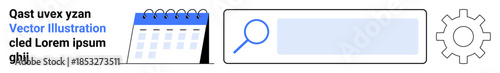 Organization, planning, search functionality, configuration tools, tech workflow, user interface. Visual of a calendar, magnifying glass search bar and settings gear. Organization and planning