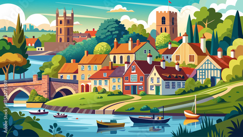 Very beautiful scenic view of Yarm-on-Tees in North Yorkshire, showcasing riverside charm, historic buildings, and a peaceful English town atmosphere beside the River Tees.