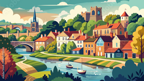 Very beautiful scenic view of Yarm-on-Tees in North Yorkshire, showcasing riverside charm, historic buildings, and a peaceful English town atmosphere beside the River Tees.