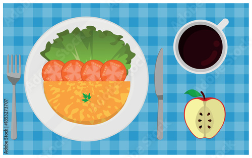 Breakfast Meal Illustration - Healthy Meal made with Vegetables and Omelet Served with Coffee and Half Apple on a Blue Checkered Tablecloth. Top view.