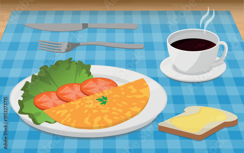 Breakfast Meal Illustration - Omelette, Lettuce and Tomato Salad on a White Plate Served with Butter, Toast and a cup of Coffee on a Blue Checkered Tablecloth.