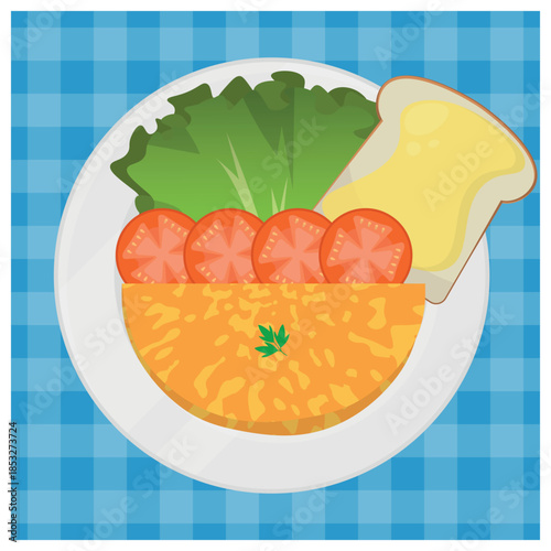 Breakfast Meal Illustration - Omelette, Lettuce and Tomato Salad Served with Butter Toast on a Blue Checkered Tablecloth. Meal Seen from Above.