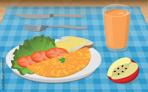 Breakfast Meal Illustration - Omelette, Vegetables and Butter Toast Served with a Glass of Orange Juice and Half Apple on a Blue Checkered Tablecloth.
