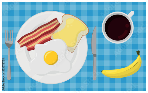Breakfast with Butter Toast, Fried Egg, and Bacon Served with Coffee and a Banana on a Blue Checkered Tablecloth. Top View, Illustration, Vector.