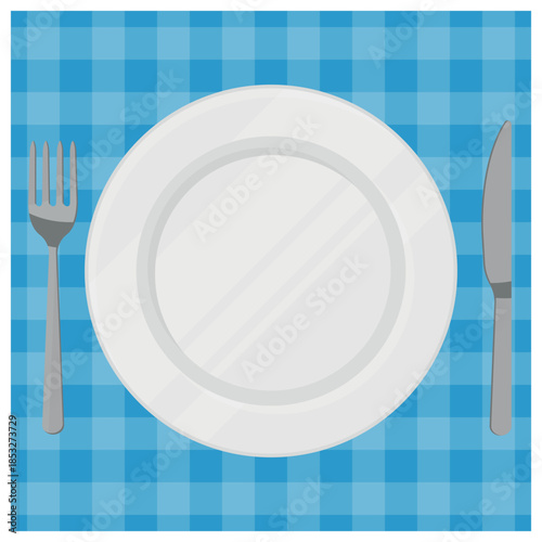 Illustration of an Empty White Plate Accompanied by a Fork and a Knife on a Blue Checkered Tablecloth. Top View, Vector.