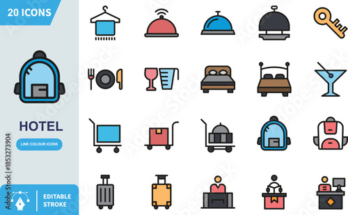 Collection of twenty essential hotel and hospitality line colour icons perfect for travel and accommodation design projects