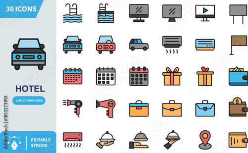 Thirty pixel art style hotel and travel icons perfect for web design and application user interfaces