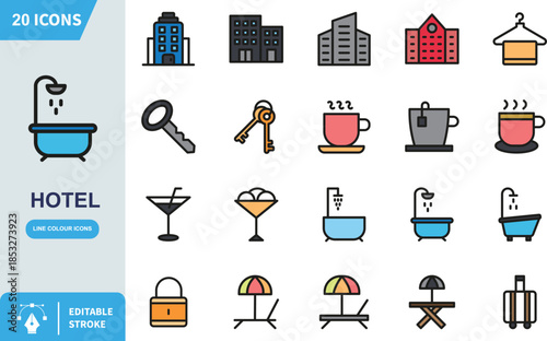 Essential line folder icons set featuring twenty vibrant symbols for hotel services and travel accommodation