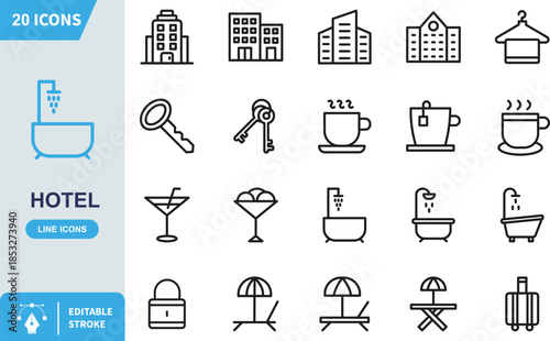 Essential line folder icons set featuring twenty vibrant symbols for hotel services and travel accommodation