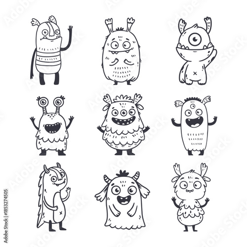 Set of cartoon monsters. Cute monsters in doodle style. Kids funny character design for posters, cards, magazins. Line. Vector illustration