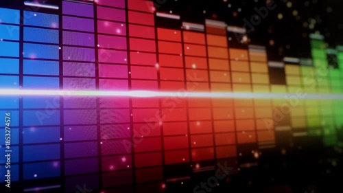 Sound Equalizer. Digital music or sound wave footage. Audio waveform equalizer scale on black loop animation. Color music equalizer abstract. Gradient spectrum bar graph. Wave Glowing Pulsing dancing