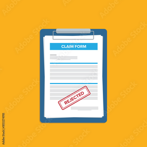 Flat style vector illustration of a rejected claim, insurance form	