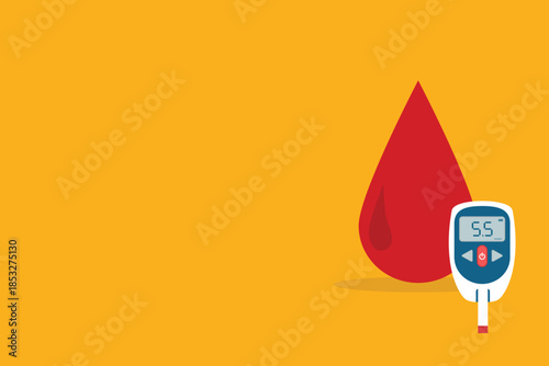 Diabetic glucose measuring device with indication sugar level on a display. High glucose diabetes risk. Glucometer and blood drop. Vector illustration 	