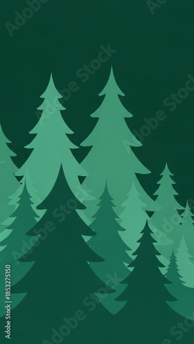 ''Minimalist forest scene featuring stylized evergreen trees in varying shades of green against a dark green backdrop, evoking ...