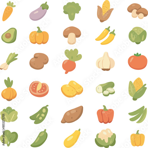 Flat Colorful Vegetable Icons Set – Fresh Healthy Food Vector Collection