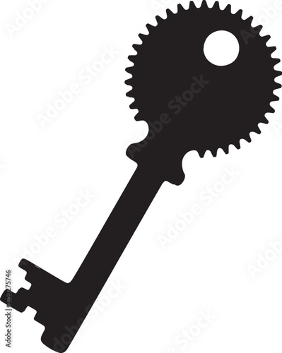 Black and white gear-shaped key with a circular hole and a handle also transparent background