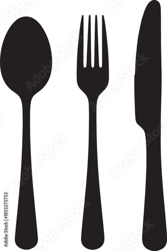 Black and white outline of a spoon, fork, and knife on a white background also transparent background