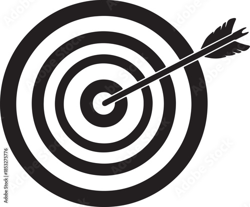 Black and white target with an arrow piercing through the center also transparent background concentric circles