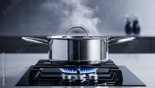 Stainless steel pot on a gas stove boils water. Steam rises from cooking pot on burner. Kitchen appliance is used for food preparation.