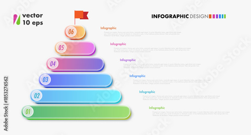Pyramid infographic template 6 steps or option glassmorphism 3d for presentation, theory basic operation, start up project, business strategy, logic analysis