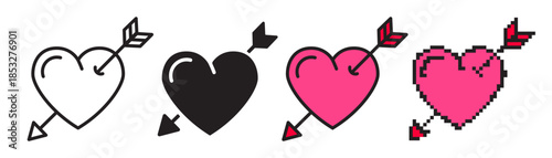 Valentine's Day pierced heart icon set: editable stroke line, solid, color-filled, and pixel styles. Timeless love symbols for cards, apps, weddings, graphics, and romantic designs.