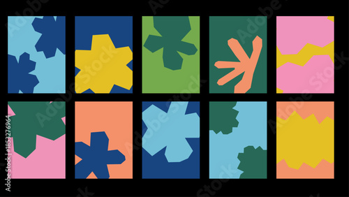 Modern abstract shape posters in vivid colors. Minimal playful design for interiors, posters, social media and visual identity projects.