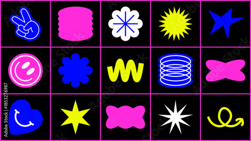 Bright futuristic Y2K sticker pack with abstract symbols and shapes. Modern retro graphics for festivals, branding, apps, wristbands and visual identity.