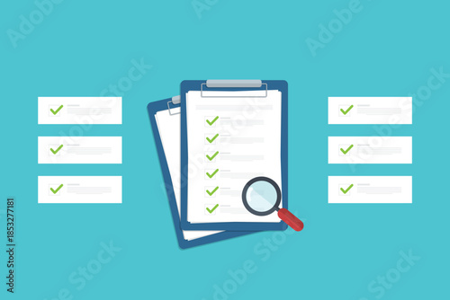 Document inspection, assessment evaluation, contract validation or review, analysis, inspection of agreement contract, compliance verification. Vector