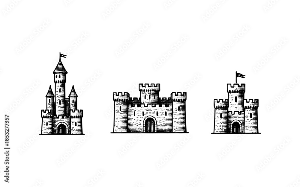 Fototapeta premium Hand drawn medieval castles collection on white background