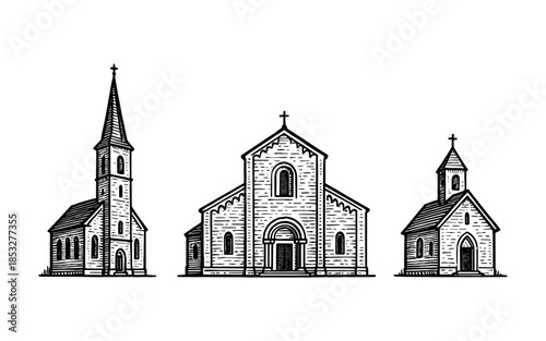 Vintage church sketches: line art illustrations of classic architecture