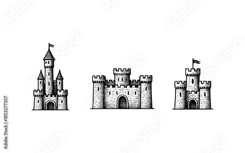Hand drawn medieval castles collection on white background