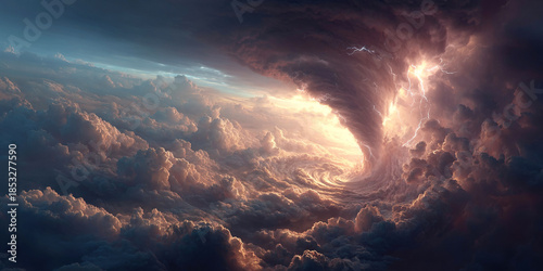 Destructive tornado funnel swirling through thunderclouds with striking lightning effects