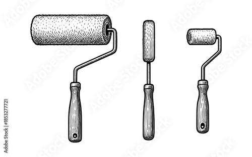 Retro style hand drawn paint rollers set for home improvement designs