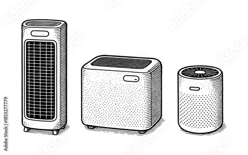 Hand-drawn air purifiers collection: tower, square, and cylindrical designs for clean air